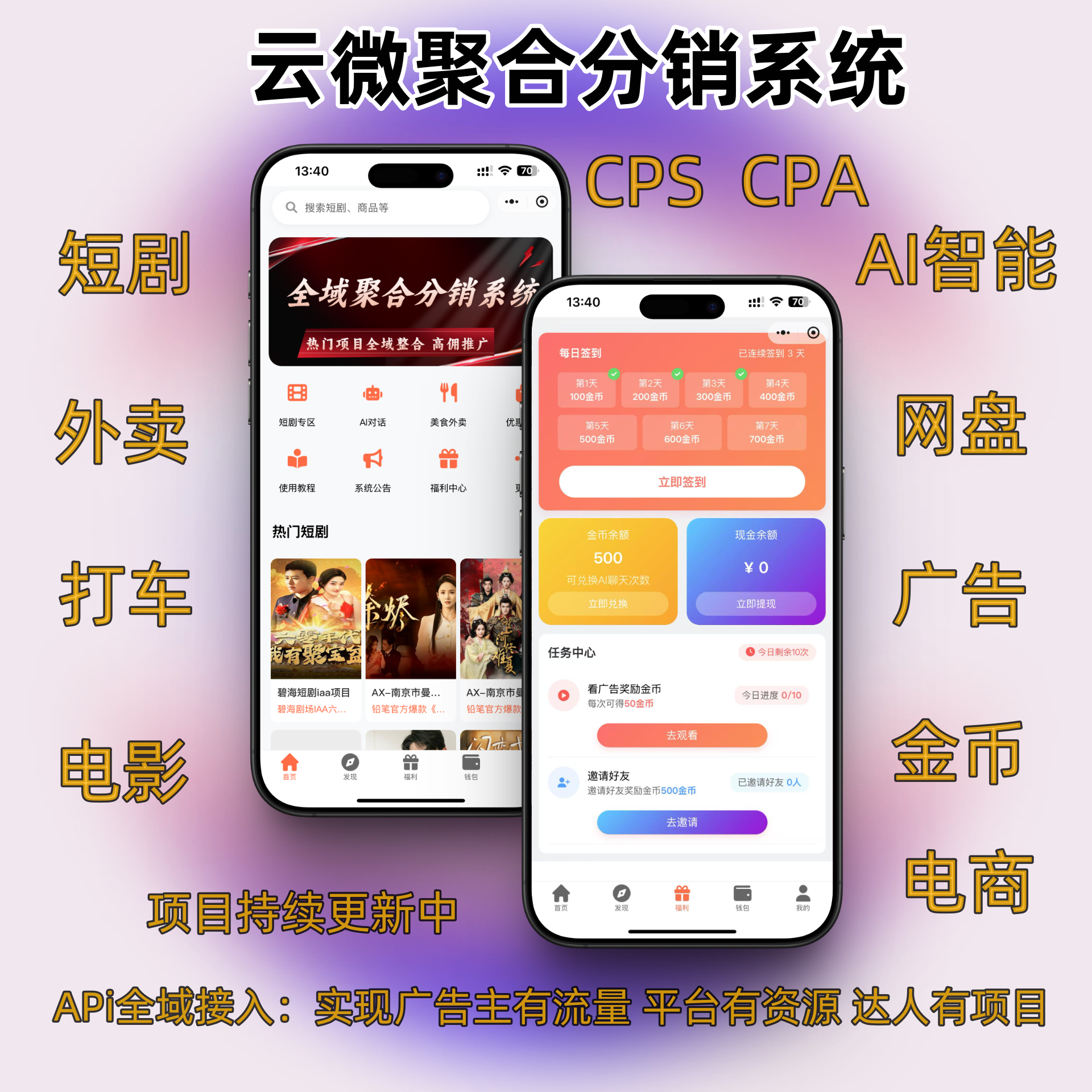 聚合分销系统——带AI智能体的短剧外卖淘客电商cps拉新cpa业务app推广系统